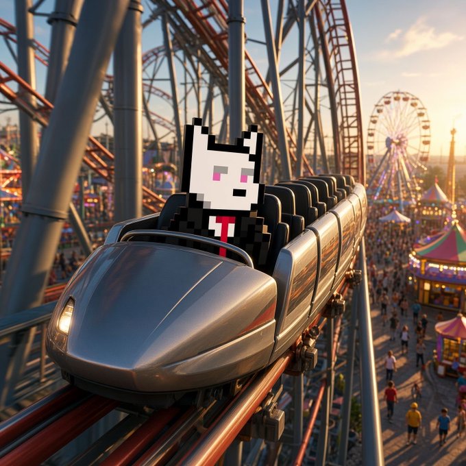 A pixel-art character in a black suit riding a roller coaster at an amusement park with a Ferris wheel in the background.