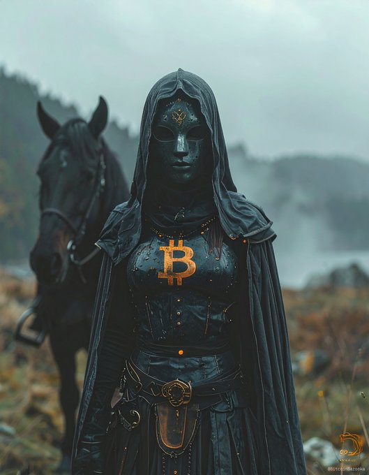 A hooded figure in dark armor stands in a misty field with a black horse behind them, featuring an orange Bitcoin (₿) symbol on their chest.