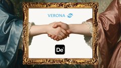 An image styled like a classical painting depicts two figures clasping hands within an ornate gold frame, featuring the text 'VERONA', a small cloud icon, and the Adobe Express 'De' logo.