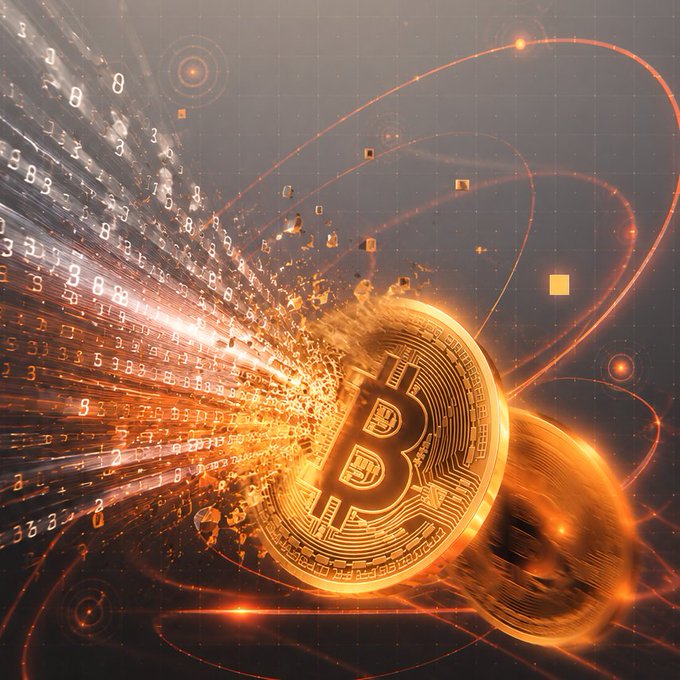 Stylized digital artwork depicting a glowing golden Bitcoin coin emerging with light streaks, binary code streams, and particle effects against a dark background.