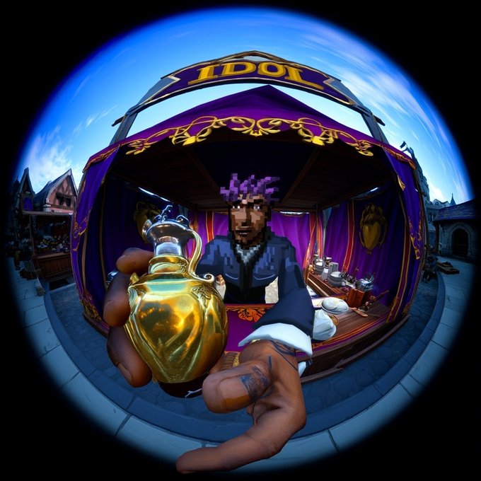 A stylized 360-degree VR-style image of a pixel-art character with purple hair holding a golden potion bottle, standing in front of an "IDOL" marketplace stall.