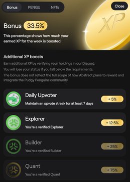 App screen showing a 'Bonus 33.5%' XP booster promotion with additional XP boosts available: Daily Upvoter +5%, Explorer +12.5%, Builder +25%, and Quant +75%.