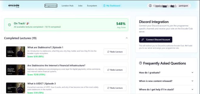 A screenshot of an Encode Club dashboard showing 548% progress with 19 completed lectures, including "What are Stablecoins?", "Are Stablecoins the Internet's Financial Infrastructure?", and "What is USDC?", which relates to the user's achievement at the Arc bootcamp focused on programmable money.