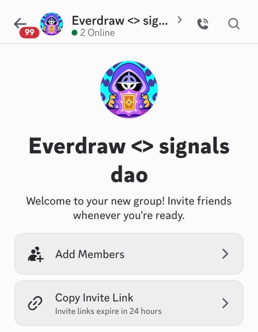 A newly created Telegram group called 'Everdraw <> signals dao' with 2 online members, showing options to Add Members and Copy Invite Link.