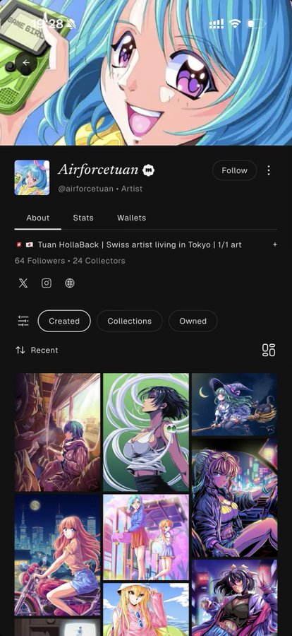 A mobile screenshot of an NFT artist profile page for 'Airforcetuan' (@airforcetuan) showing their anime-style artwork collection on what appears to be a digital marketplace.