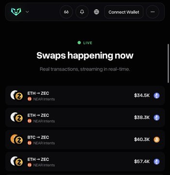 Dark-themed cryptocurrency trading interface titled 'Swaps happening now' showing live transactions, including ETH -> ZEC for $34.5K, $38.3K, and $57.4K, and BTC -> ZEC for $40.3K, all marked as NEAR intents.