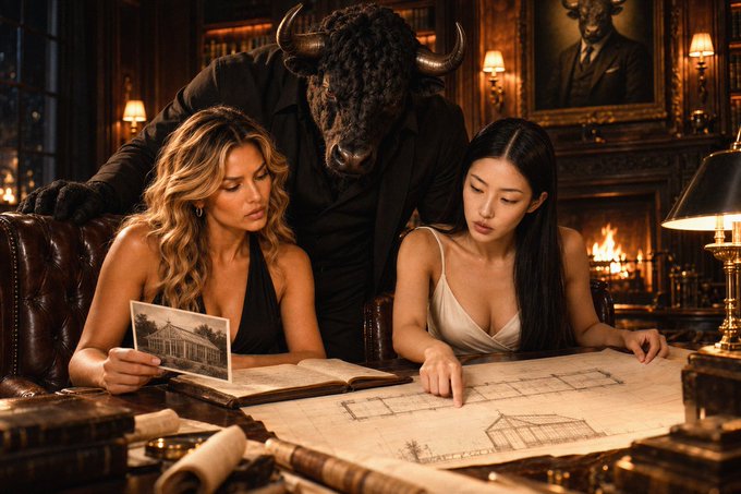 Two women, one blonde and one brunette, lean over an open book and architectural blueprints on a wooden desk while a figure in a black bison mask looms behind them, with a framed portrait of a bull-headed figure and a lit fireplace visible in the dark wood-paneled study. The image ties to the post's teaser for "bullenciaga.com" and the "$BULLEN" ticker by evoking mystery and hidden secrets being uncovered, with the bull motifs suggesting the project's mascot revealing clues about the house one page at a time.