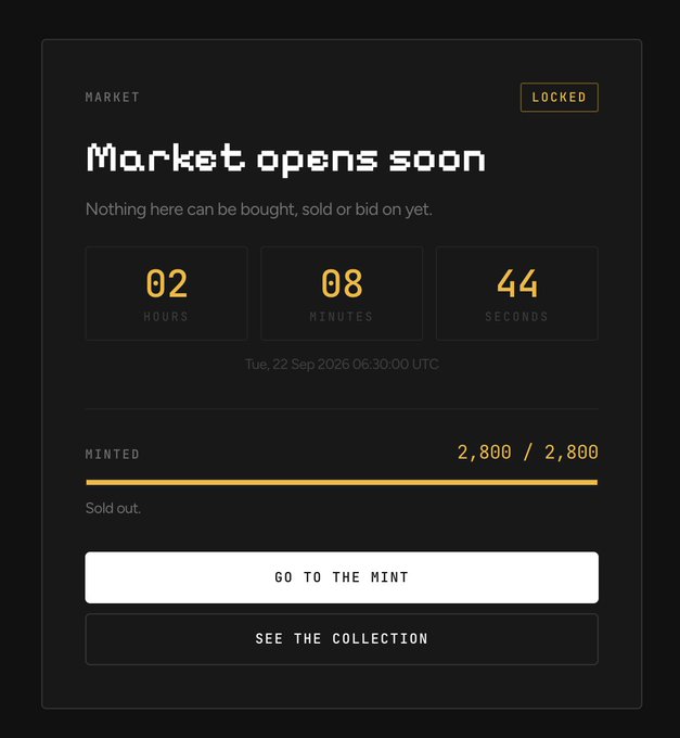 A dark-themed digital interface displays 'Market opens soon' with a countdown timer showing 2 hours, 8 minutes, and 44 seconds, and indicates that 2,800/2,800 items have been minted and sold out.