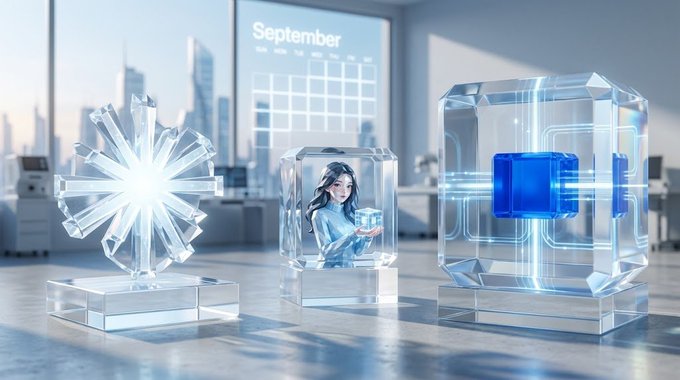 A futuristic 3D rendering displays three glass-like structures—a snowflake, a cube containing a small figure holding a box, and a cube with a blue center—against a backdrop showing 'September' on a calendar.