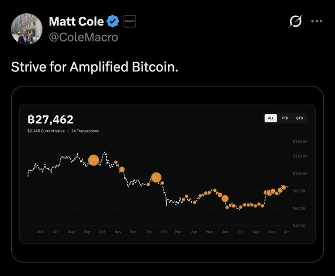 A tweet by Matt Cole (@ColeMacro) reads 'Strive for Amplified Bitcoin' above a chart showing a value of ₿27,462 with the price trending between roughly $60K and $120K over the past year.