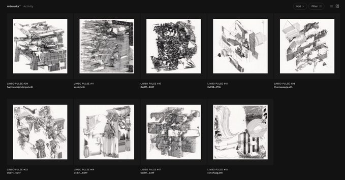 A screenshot of an 'Artworks' gallery page showing multiple thumbnail images of abstract black and white architectural or sculptural pieces labeled 'LIMBO PULSE' followed by numbers.