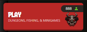 A red rectangular banner with the text 'PLAY DUNGEONS, FISHING, & MINIGAMES' alongside the number '888' and a dark demonic horned skull mascot illustration.