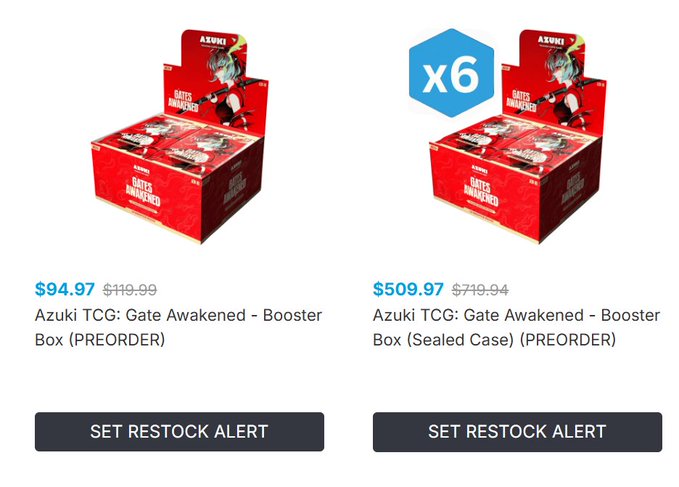 The image shows two red boxes of Azuki TCG booster boxes, sitting side by side with their prices displayed. There are additional text elements within this image that relate to a shopping or purchasing scenario for Azuki TCG booster boxes.
