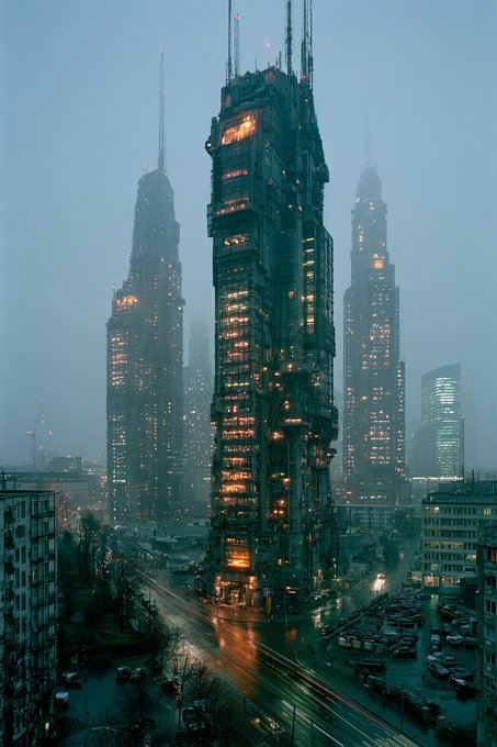 A moody, cyberpunk-style digital artwork of towering, densely packed skyscrapers glowing with warm lights through a heavy fog over a city street.