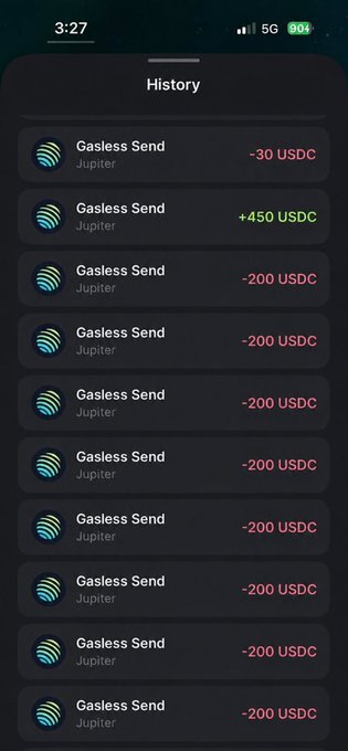 A screenshot of a crypto transaction history shows repeated “Gasless Send” entries on “Jupiter,” mostly for “-200 USDC,” plus “-30 USDC” and “+450 USDC.” It accompanies a post claiming money is being sent to loyal followers who follow the account and join its Telegram channel, promoting “more giveaways” at “t.me/cottongemslab.”