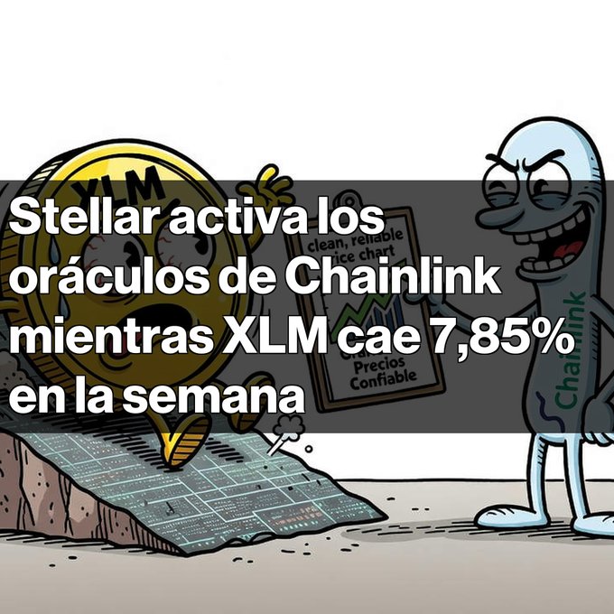 A Spanish-language crypto graphic with a cartoon depicting Stellar (XLM) falling off a cliff as Chainlink activates its oracles, with text stating 'Stellar activa los oráculos de Chainlink mientras XLM cae 7,85% en la semana'.