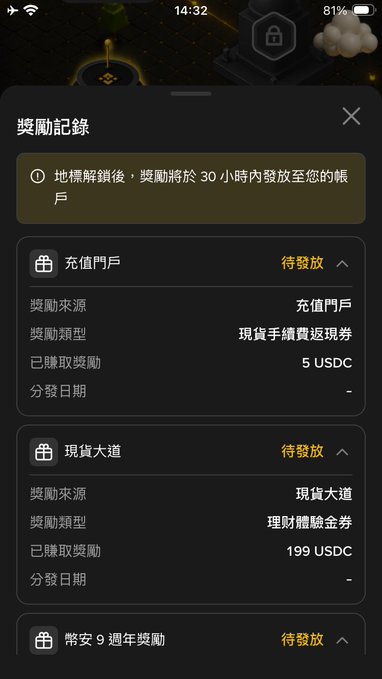 The image shows a Binance rewards record page in Chinese, displaying three pending rewards: a 5 USDC Top-up Gift Card from "充值門戶" (Top-up Portal), a 199 USDC reward from "現貨大道" (Spot Avenue), and a Binance 9th anniversary reward. The user is complaining because their 199 USDC cash voucher reward, originally marketed as a spot trading gift, was converted into a wealth management experience voucher, misleading them with the higher cash value.

The image directly supports the post by showing the 199 USDC "現貨大道" reward that was advertised as a spot trading cash return voucher but, as the user discovered, was actually converted into a "理財體驗金券" (wealth management experience voucher).