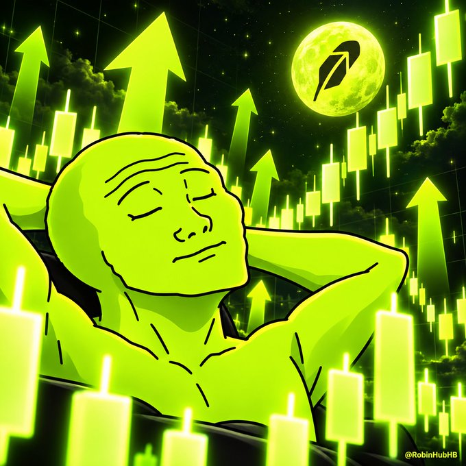 A serene green-toned Wojak relaxes with hands behind his head amid rising green candles and bullish arrows, with a moon bearing the Robinhood feather logo glowing above. The "@RobinHudHB" watermark appears in the corner, and the imagery perfectly captures the post's celebratory "Uptober" mood of market gains and bull runs.