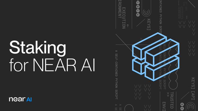 A dark banner with white text reading 'Staking for NEAR AI' alongside the 'near AI' logo and a blue isometric cube illustration surrounded by cryptocurrency-related keywords.