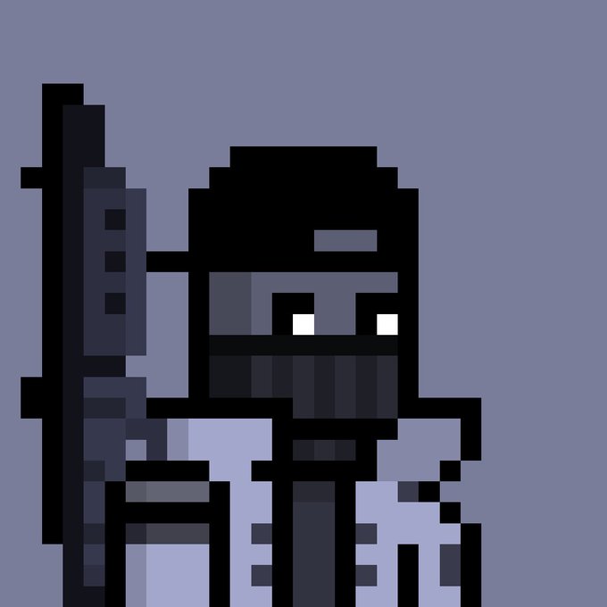 A pixel art style dark grey/black robot or armored character with glowing white eyes holding a weapon, set against a plain grey background.