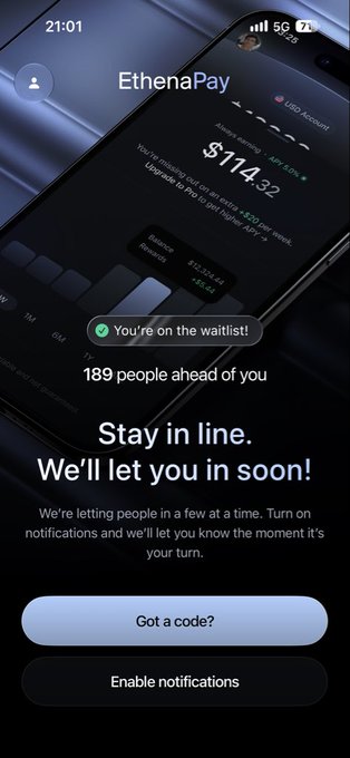 A smartphone screen displays the 'EthenaPay' app showing a balance of $114.32, with a message reading 'Stay in line. We'll let you in soon!' and '189 people ahead of you'.