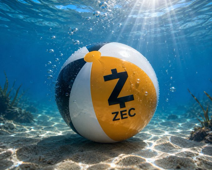A yellow, white, and black beach ball with a 'Z' logo and the text 'ZEC' (representing Zcash cryptocurrency) resting on a sandy seabed underwater with sunbeams shining down.