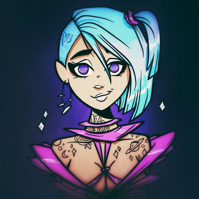 A stylized digital illustration of a character with pale blue hair, purple eyes, facial tattoos, and a pink outfit featuring space-themed tattoos, set against a dark purple background.