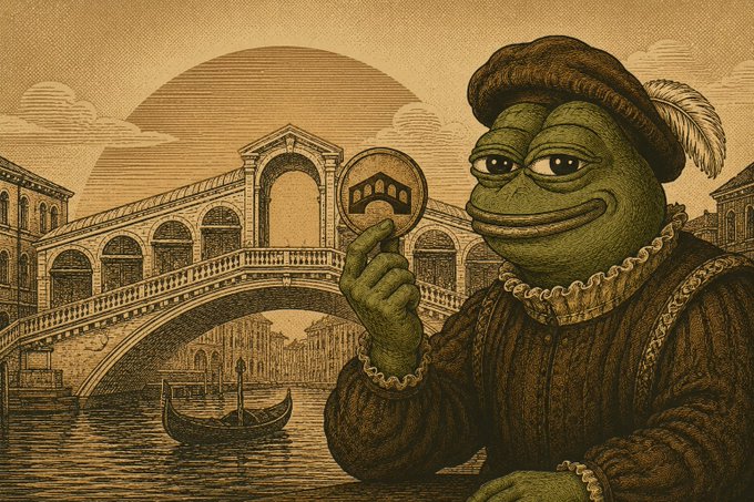 A Pepes in Venice-style illustration shows a green Pepe frog wearing a Renaissance beret and ruffled collar, holding a coin featuring the Rialto Bridge emblem, set against a backdrop of the iconic bridge and a gondola on the canal. The image's Renaissance Venetian aesthetic and "pure alpha" treasure-holding Pepe visually reinforce the post's pitch of a hidden, valuable airdrop opportunity, framing the free token claim as a discovery of rare crypto alpha.