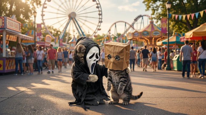 At a colorful amusement park, a cat wearing a white ghost mask sits beside a gray tabby cat with a paper bag over its head; a Ferris wheel and carnival stalls are visible behind them.
