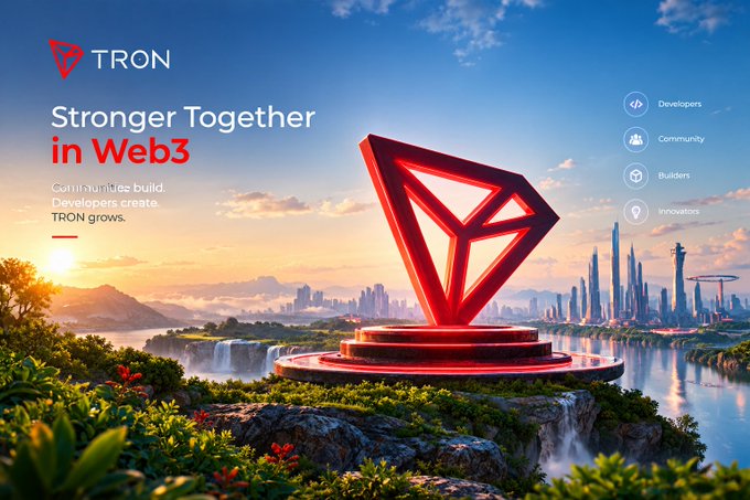 TRON cryptocurrency promotional graphic with the tagline 'Stronger Together in Web3' and 'Communities build. Developers create. TRON grows,' featuring a large red TRON logo monument on a pedestal.