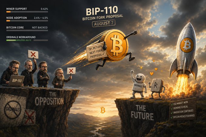 A digital illustration titled 'BIP-110 BITCOIN FORK PROPOSAL AUGUST 7' depicting anthropomorphized Bitcoin and Ordinals characters, with a rocket labeled 'The Future' and figures labeled 'The Opposition'.