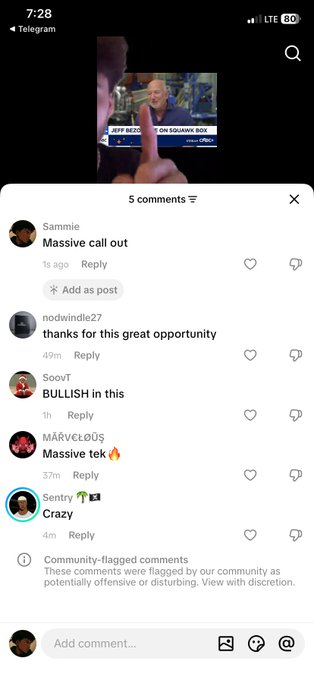 A Telegram post screenshot showing a Squawk Box clip with CNBC's Jeff being displayed, with comments including 'Massive call out' and 'BULLISH in this'.