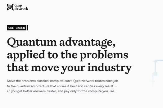 The image features a website called Quip Network that has an article about Quantum Advantage written by someone named John. The title of the article is "Quantum Advantage, Applied to the Problems That Move Your Industry", which suggests that the content focuses on using Quantum Computing for problem-solving in various industries.