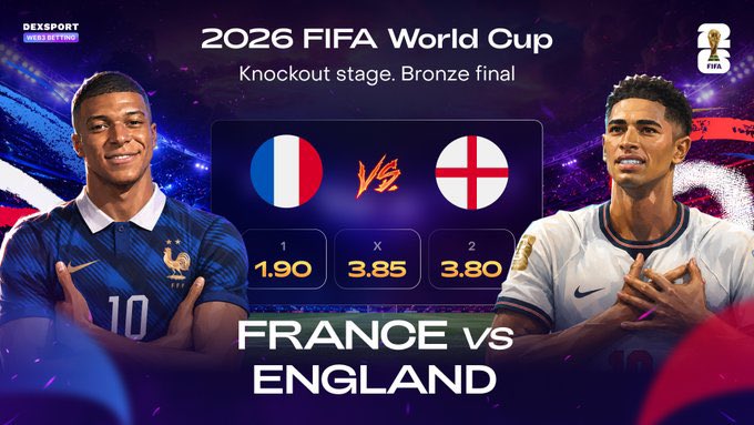 A promotional graphic from Dexsport.io displays betting odds for a hypothetical 2026 FIFA World Cup Bronze Final between France (1.90) and England (3.80), with a draw at 3.85, featuring Kylian Mbappé and Jude Bellingham alongside their national flags. The image ties into the post's excitement about the 2026 World Cup by showcasing Dexsport's platform for World Cup-related betting markets.