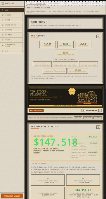 A Qu tron Da ta dashboard interface displaying market census data, machine records, and a current stock price of $147.518 with a market cap of $10,552.42 ETH.
