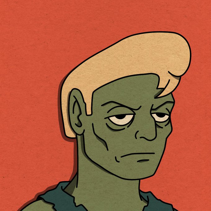 A stylized digital illustration shows a green-skinned character with blonde hair and a tired expression against a solid orange background.