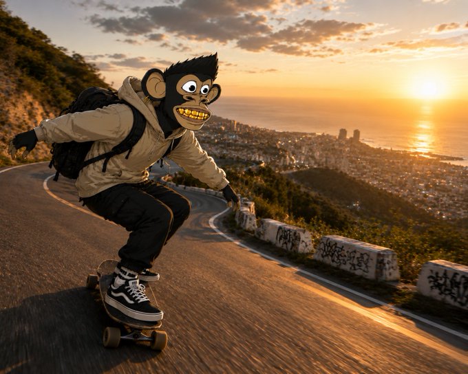 A digitally created or AI-generated image of a person wearing a cartoon monkey/ape mask, backpack, and sneakers skateboarding down a winding coastal road at sunset with a city and ocean visible below.