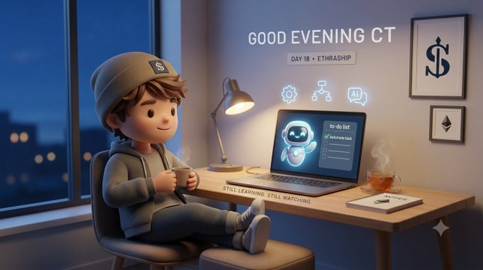 A 3D-rendered cartoon character wearing a beanie sits at a desk with a laptop showing an AI to-do list, with 'GOOD EVENING GT' and 'DAY 18 - ETHRASHIP' visible on the wall.