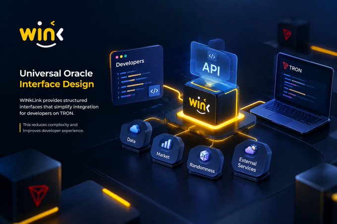 A 3D promotional graphic for 'WINk' showing their 'Universal Oracle Interface Design' with developer API connections to TRON, featuring components for Data, Market, Randomness, and External Services.