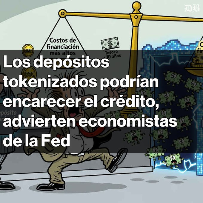 Caricature illustration with the Spanish text 'Los depósitos tokenizados podrían encarecer el crédito, advierten economistas de la Fed' showing a panicking businessman on a scale weighed down by 'Costos de financiación más altos' with dollar bills and cryptocurrency icons fleeing.