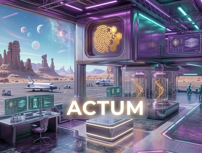 A futuristic sci-fi scene showing a lab with DNA samples, spaceships, and computers, with the text 'ACTUM' in the center.