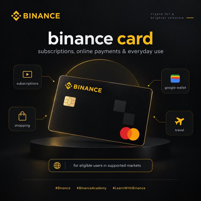 A promotional graphic showcases the black "BINANCE card" with a Mastercard logo, highlighting its use cases with icons for subscriptions, shopping, Google Wallet, and travel, alongside the text "subscriptions, online payments & everyday use" and the note "for eligible users in supported markets." This directly illustrates the post's message about how the Binance Card integrates into daily activities like online shopping, subscriptions, travel, and tap-to-pay purchases for eligible users.