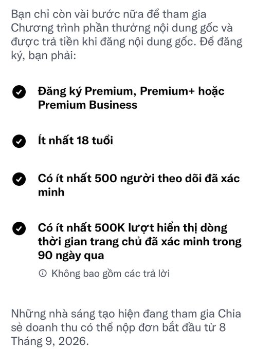 Vietnamese text listing requirements for a revenue-sharing program, including Premium subscription, being at least 18, having 500+ verified followers, and 500K verified impressions over 90 days, with applications opening September 8, 2026.