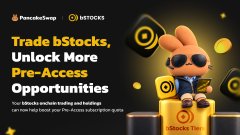 A promotional graphic for bStocks on PancakeSwap says “Trade bStocks, Unlock More Pre-Access Opportunities,” featuring a cartoon character, trading tokens, and the bStocks Finance logo. The accompanying post explains that holding or engaging with bStocks boosts Pre-Access quota and lists trending pairs including QQQB-USDT, SPCXB-WBNB, NVDAB-USDT, TSLAB-USDT, and QQQB-WBNB.