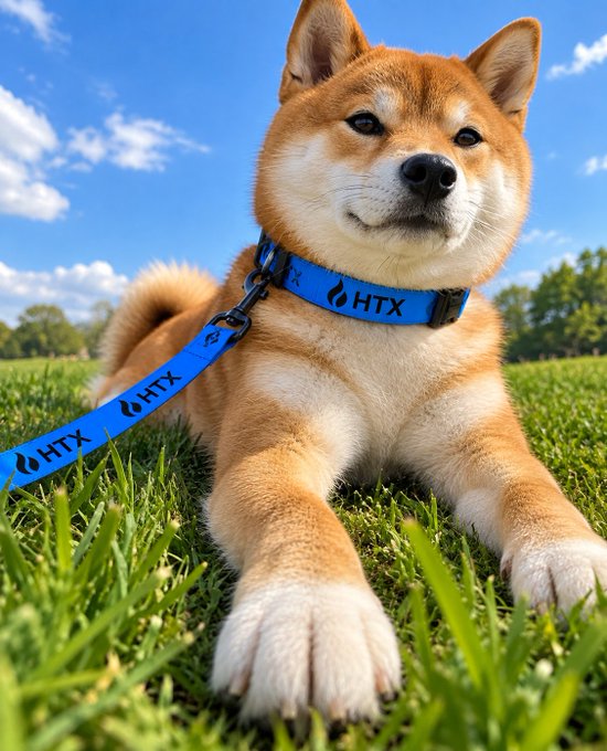 A proud Shiba Inu lounges on lush green grass under a bright blue sky, wearing a bold blue collar and leash branded with "HTX." The dog's calm, confident demeanor perfectly embodies an effortlessly cool aura.