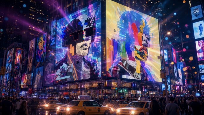 A vibrant, colorful digital art display on buildings in Times Square at night, showing abstract pop-art style faces with bright neon colors, surrounded by yellow taxis and crowds.