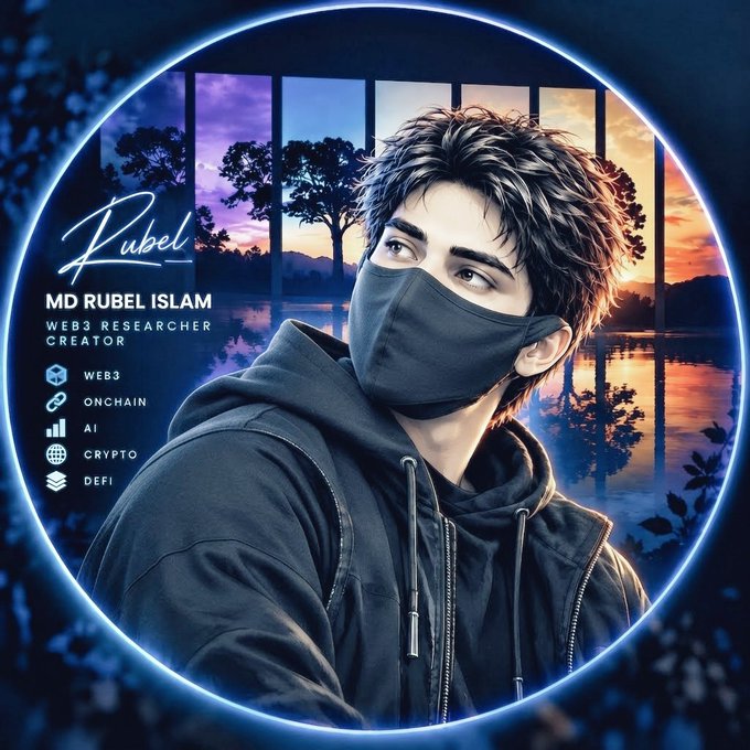 A circular profile graphic for 'MD RUBEL ISLAM - WEB3 RESEARCHER CREATOR' with icons for AI, CRYPTO, and DEFI, featuring an illustrated young man wearing a black face mask and hoodie against a sunset landscape.