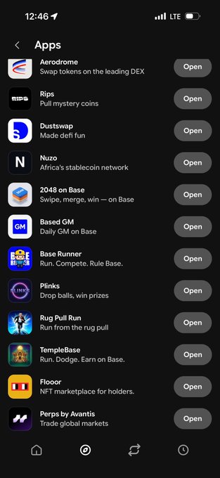 A mobile screenshot of the Base app showing a list of available apps including Aerodrome, Rips, Dustswap, Nuzo, 2048 on Base, Based GM, Base Runner, Plinks, Rug Pull Run, TempleBase, and Perps by Avantis, with "Flooorr - NFT marketplace for holders" visible. The post relates to this by highlighting Flooorr, a premium NFT marketplace featured in the app list.