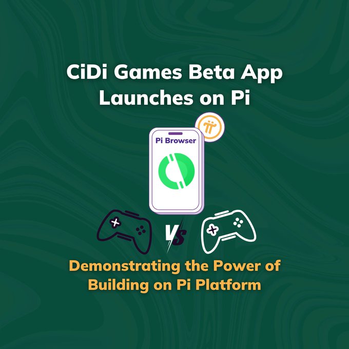 The image features an advertisement for a new Pi browser that was recently launched by CiDi Games, a company based at Pi Network Ventures. The advertisement showcases two video game controllers - a Wii remote and a Nintendo Wii controller - placed side by side on a green background. The text in the image reads "CiDiGames beta app launches on Pi Platform", indicating that the Pi browser is being promoted as an alternative to traditional gaming consoles, such as the Wii or the Nintendo Wii.