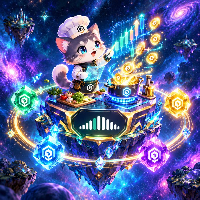 A vibrant digital illustration of an adorable chibi cat chef in a cosmic setting, cooking up cryptocurrency on a floating island with glowing coins, charts, and gems floating around it.
